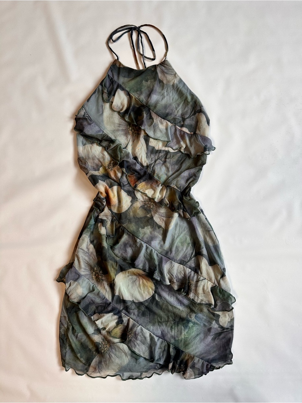 Windsor Halter Ruffle Mini Dress in Dark Floral
